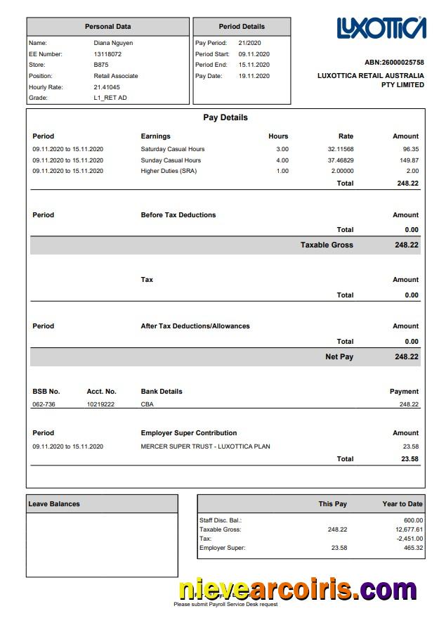 Luxottica Retail Paystub
